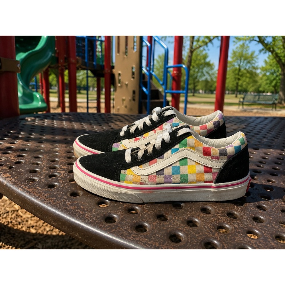 Vans Old Skool Kids 3.5 Rainbow Checkerboard Black Suede Sneakers 721356 play‎